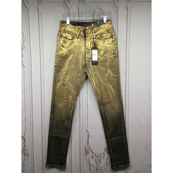 NWT MYSTIQ Womens High Waisted Jeans SZ 3 Unique Gold Spray Paint Look $66 MSRP - Picture 2 of 16